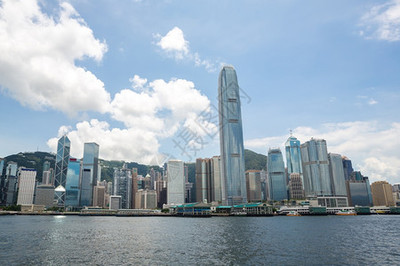 香港碼頭船只與城市風(fēng)景在晴藍(lán)天空下的魅力